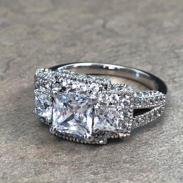 14K White Gold 3 Stone Princess Halo Engagement Ring